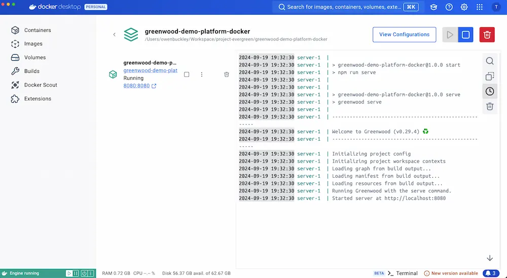 Greenwood running in Docker Desktop